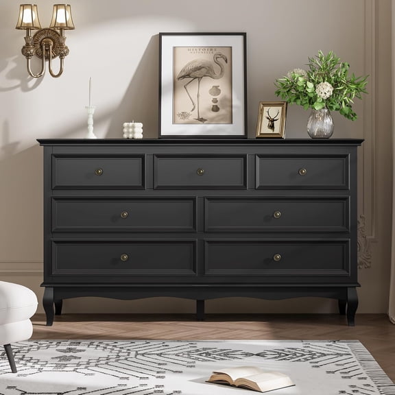 RoyalCraft 7 Drawers Dresser, Black Dresser with Distinctive Wooden Legs & Black Paint Finish, Large Chest of Drawers with Spacious Storage Space for Bedroom, Hallway