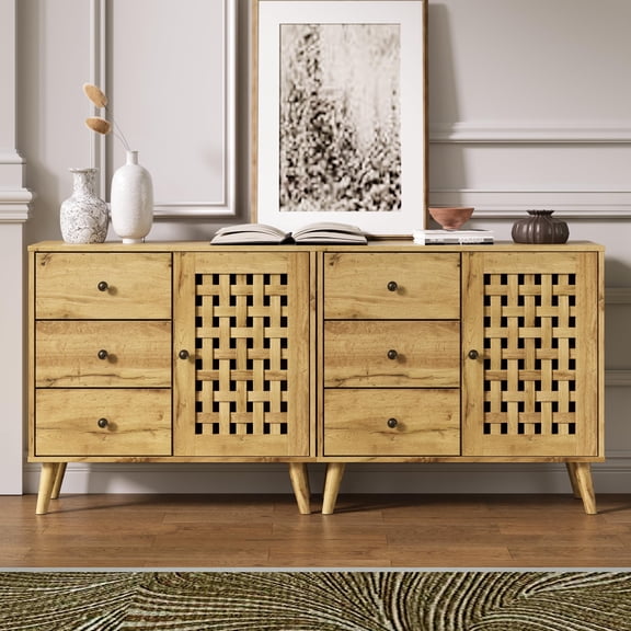 RoyalCraft Accent Cabinet with Doors, Entryway Cabinet with Oak Legs, Wooden Decorative Sideboard with Adjustable Shelf & Doors for Living Room (Natural With Door & 3 Drawers, 2)