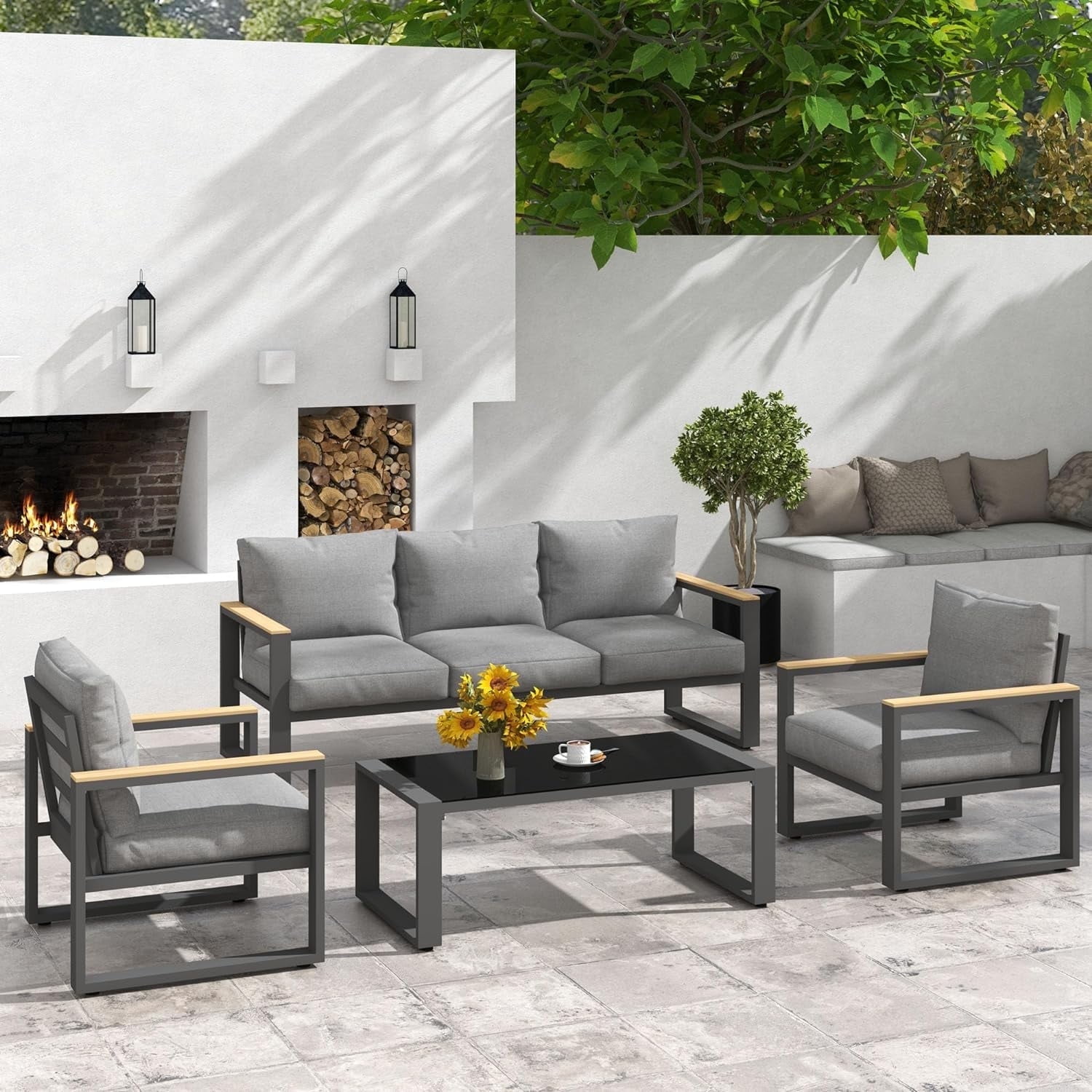 RoyalCraft Aluminum Patio Furniture Set, 4 Piece Outdoor Conversation Set with Coffee Table, Metal Outdoor Patio Furniture Set for Porch Backyard Garden, Grey