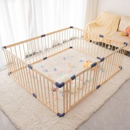 RoyalCraft Baby Playpen Kids Fence with Safety Gate, Activity Play Center, Safety and Anti-Drop Function, Safety Play Yard Indoor Outdoor Pure Wooden Baby Playpen (79"*55"*24)