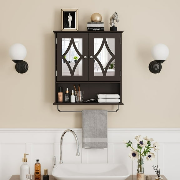 RoyalCraft Bathroom Medicine Cabinet with Mirror, Vanity Wall Mounted Storage Cabinet with Adjustable Shelves and Towel Bar, Hanging Wall Cabinet for Bathroom, Laundry, Living Room, Brown