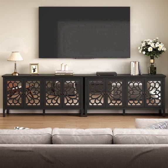 May in Color Buffet Cabinet with Mirror Butterfly Carved Door, 63" Modern Vintage Sideboard with Adjustable Shelves, for Entryway, Living Room, Kitchen, Black