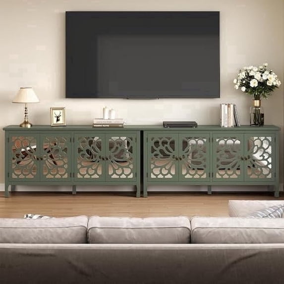 May in Color Buffet Cabinet with Mirror Butterfly Carved Door, 63" Modern Vintage Sideboard with Adjustable Shelves, for Entryway, Living Room, Kitchen, Green