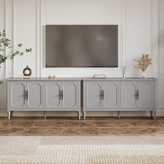 May in Color Buffet Sideboard Table Set of 2, 59'' Mid Century Modern Console Table, Media Cabinet with 4 Doors, Accent Cabinet Wood Sideboard, for Entryway, Living Room, Dining Room, Grey Oak