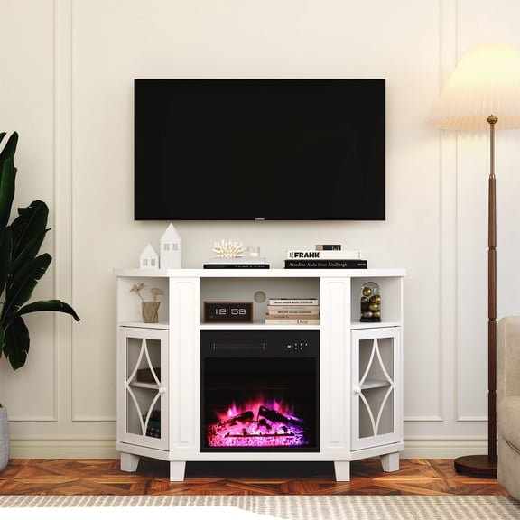 May in Color Corner TV Stands with 18'' Fireplace for TVs up to 55'', Media Console Table with Adjustable Shelves, Entertainment Center for Living Room, White