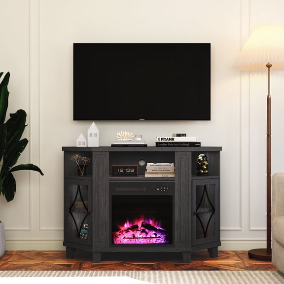 May in Color Corner TV Stands with 18'' Fireplace for TVs up to 55'', Media Console Table with Adjustable Shelves, Entertainment Center for Living Room, Black