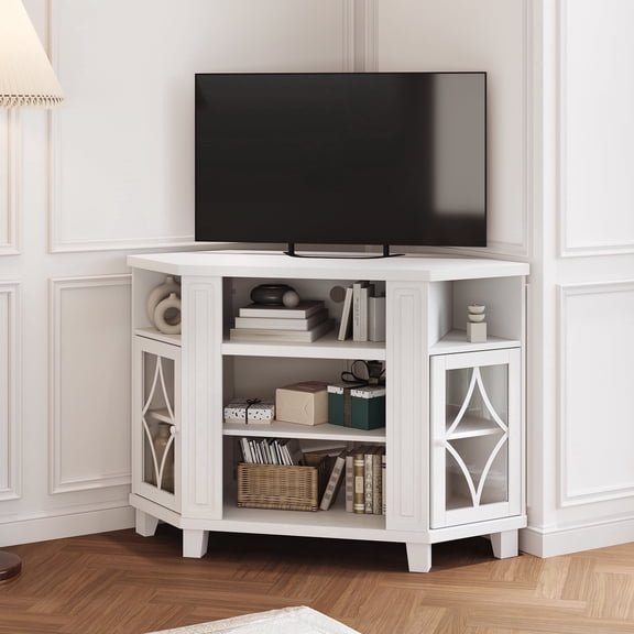 May in Color Corner TV Stands for TVs up to 55'', Media Console Table with Adjustable Shelves, Wood Modern Entertainment Center for Living Room Bedroom, White