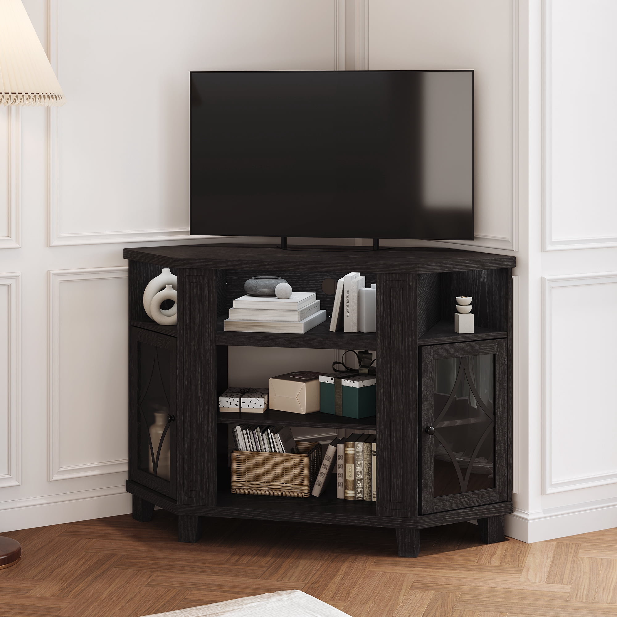 67 Inch Large TV Stand with LED Lights, Corner Entertainment Center with Power Outlets, 4 Open Storage Shelves, for 55/65/75 Inch TV, Brown