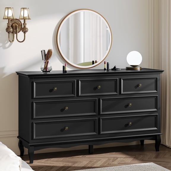 May in Color 7 Drawers Dresser for Bedroom, Wooden Storage Cabinet for Bedroom, Living Room, Hallway, Black