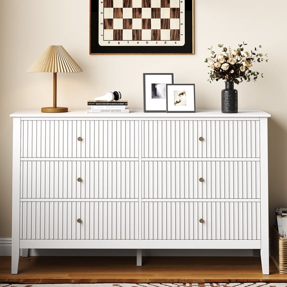 May in Color White 6 Drawer Dresser, Wide Chest with Silent Drawer Slide, Modern Bedroom Furniture