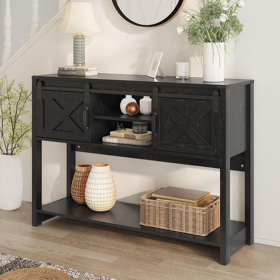 RoyalCraft Farmhouse Console Table with Storage, 46" Entryway Table with Sliding Barn Door, Narrow Long Sofa Table, Behind Couch Table for Living Room, Entryway, Foyer, Black