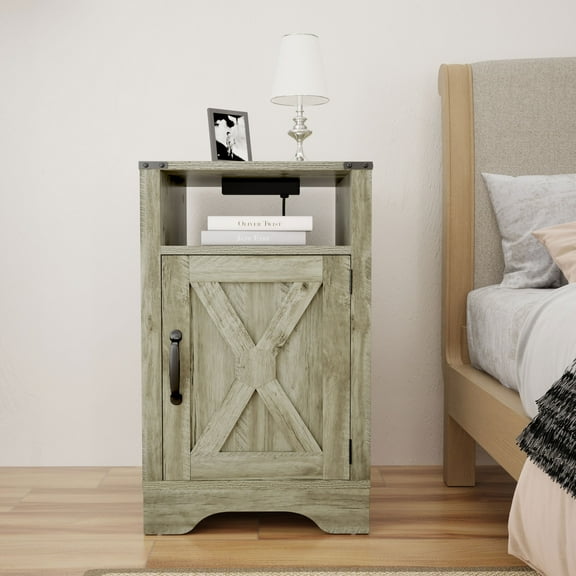 RoyalCraft Farmhouse Nightstand, Rustic Bedroom Table with Charging Station, Light Grey