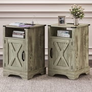 Mayincolor Rustic Farmhouse Nightstand Set of 2, Tall Bedside Table with Charging Station, Warm Grey