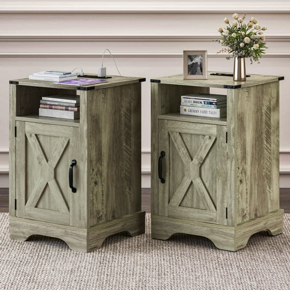 Mayincolor Farmhouse Nightstand Set of 2, Tall Bedside Table with Charging Station, Wooden Rustic End Table with Large Storage Cabinets Room and Shelf for Bedroom, Living Room,Warm Grey