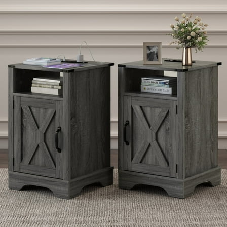 RoyalCraft Farmhouse Nightstand Set of 2 , Tall Bedside Table with Charging Station, Wooden Rustic End Table with Large Storage Cabinets Room and Shelf for Bedroom, Living Room, Dark Grey