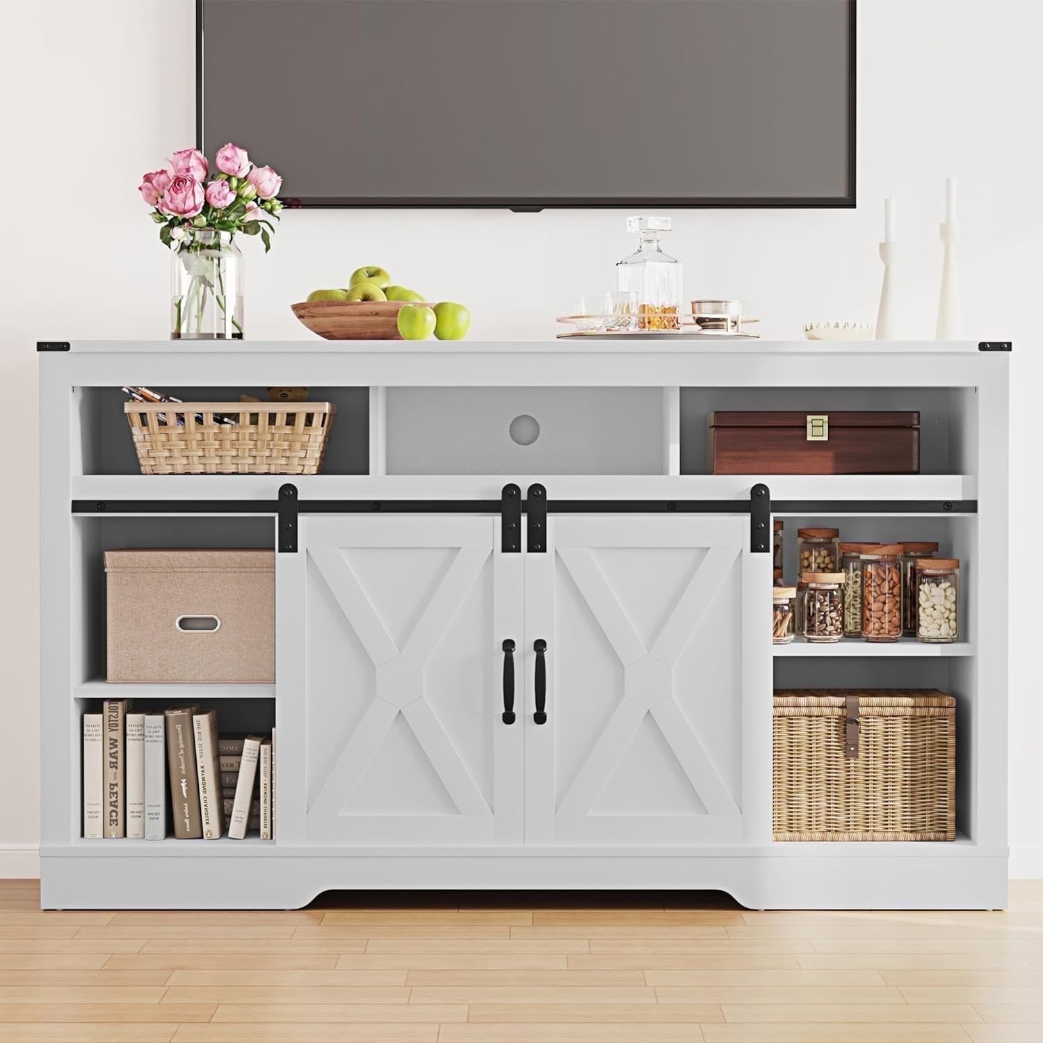 Mayincolor Farmhouse TV Stand, 34'' Tall Entertainment Center for 65+ Inch TV, Rustic Console with Sliding Door (White)