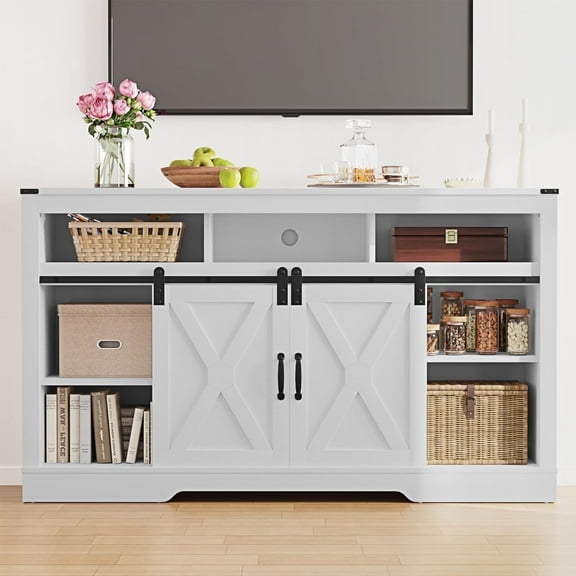 Mayincolor Farmhouse TV Stand for 65''+ Inch TV, 34'' Tall Entertainment Center, Rustic TV Console with Sliding Bar Door for Living Room (White)