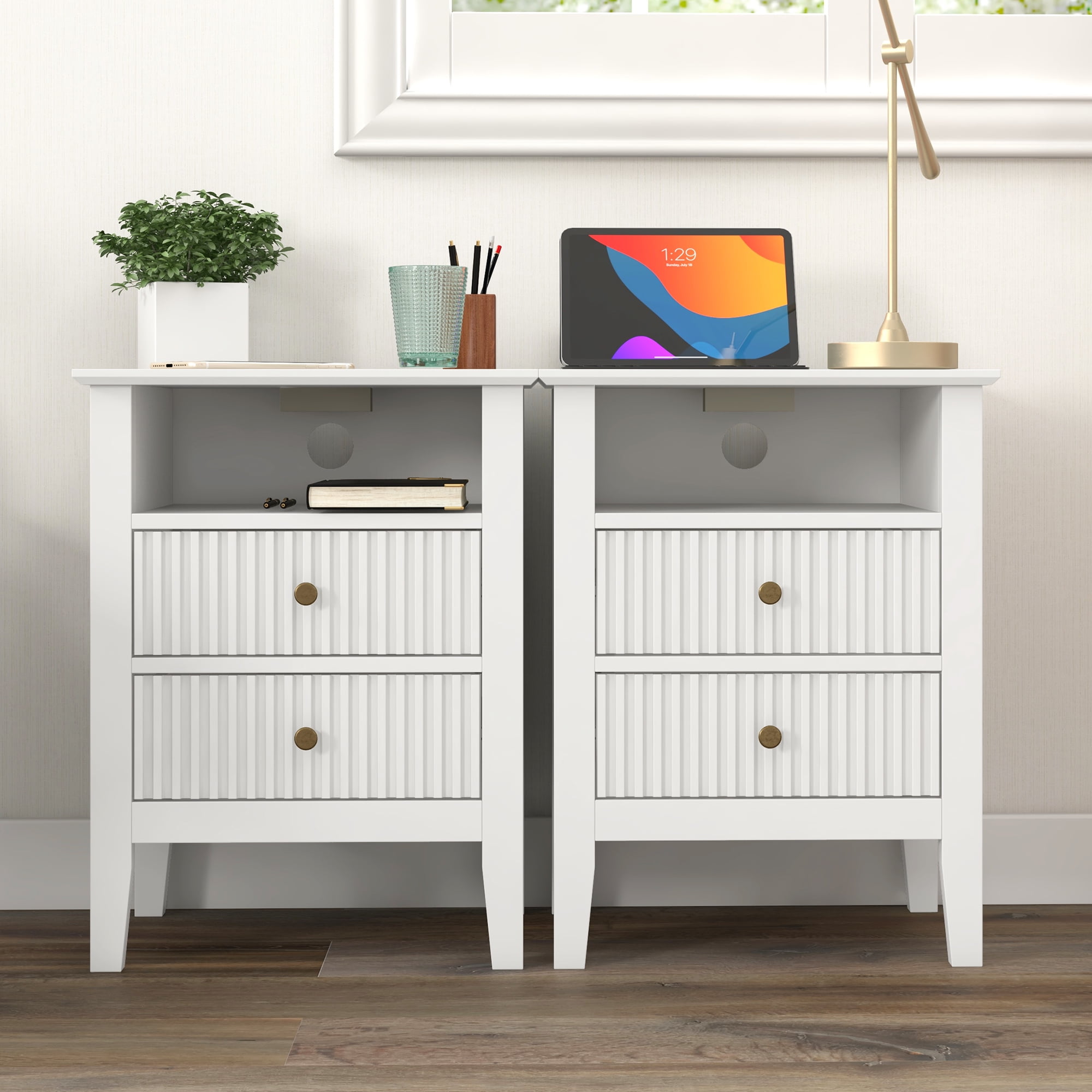 RoyalCraft Fluted Nightstand Set of 2 with Charging Station, White End