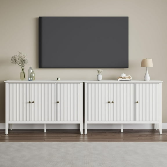 RoyalCraft Fluted Sideboard Buffet Cabinet with Storage, Modern Wood Credenza Buffet Sideboards with 3 Doors, Bar Cabinet Console Table for Kitchen Dining Living Room Entryway (Matte White)