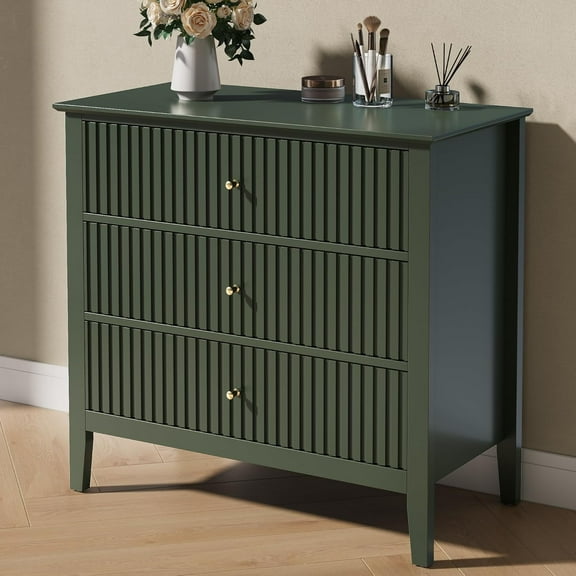 RoyalCraft Green Fluted 3 Drawer Dresser, 32 inch Wide Dresser Nightstand for Bedroom, Modern Wood Chest of Drawers, Large Painted Nightstand with 3 Drawers for Closet, Hallway, Entryway