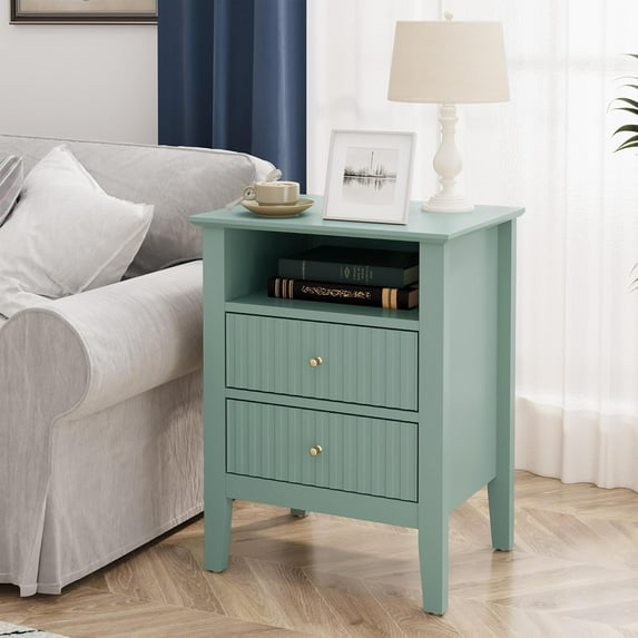 RoyalCraft Green Fluted Nightstand with 2 Drawers, Colorful Nightstand for Bedroom, Modern Wooden End Table with Storage for Small Spaces, Tall Side Sofa Table for Couch, Home Office