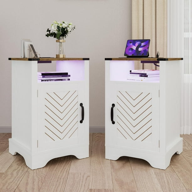 RoyalCraft LED Nightstand Set of 2 with Charging Station, Farmhouse Wooden Side Table, Bedside Table with Storage Cabinet and Shelf, Rustic End Table for Bedroom, Living Room, White and Rustic Oak - royalcraft-led-nightstand-set-of-2-with-charging-station-farmhouse-wooden-side-table-bedside-table-with-storage-cabinet-and-shelf-rustic-end-table-for-bedroom-living-room-white-and-rustic-oak