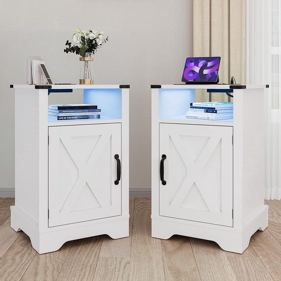 Mayincolor LED Nightstand Set of 2 with Charging Station, Farmhouse Wooden Side Table, Bedside Table with Storage Cabinet and Shelf, Rustic End Table for Bedroom, Living Room, White