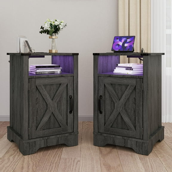 Mayincolor LED Nightstand Set of 2 with Charging Station, Farmhouse Wooden Side Table, Bedside Table with Storage Cabinet and Shelf, Rustic End Table for Bedroom, Living Room, Dark Gray