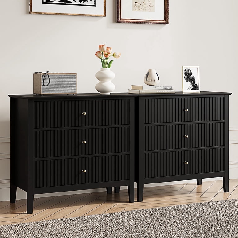 RoyalCraft Black 3 Drawer Dresser Chest with Storage, Modern Nightstand for Bedroom, Living Room, Entryway