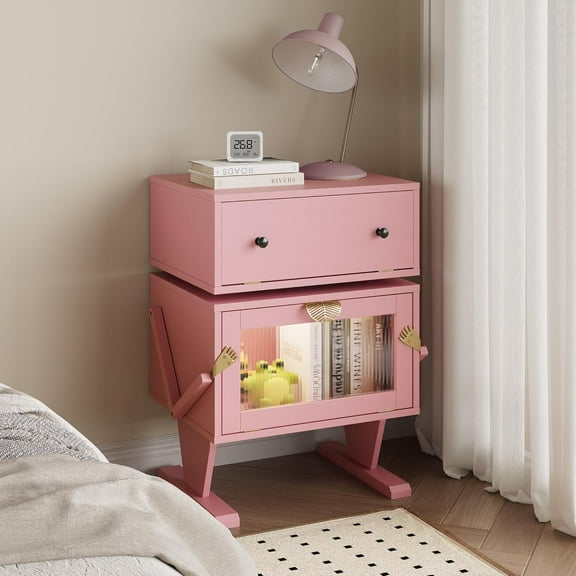 RoyalCraft Large Nightstand with LED Lighs, Pink End Table with 360°Rotating Drawer, Modern Bedside Table with Storage, Wood Night Stand for Bedroom, Home Office, Pink