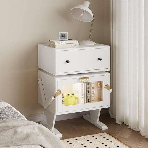 RoyalCraft Large Nightstand with LED Lighs, White End Table with 360°Rotating Drawer, Modern Bedside Table with Storage, Wood Night Stand for Bedroom, Home Office, White