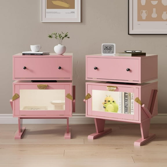 RoyalCraft Large Nightstand Set of 2 with LED Lighs, Pink End Table with 360°Rotating Drawer, Modern Bedside Table with Storage, Wood Night Stand for Bedroom, Home Office, Pink