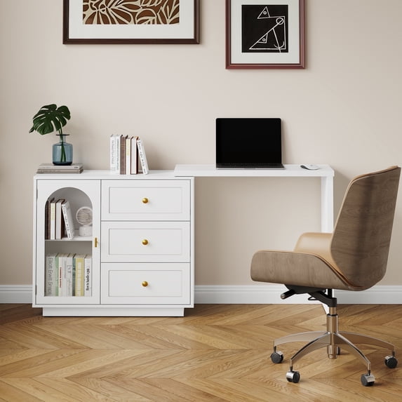 May in Color White Makeup Vanity Desk, Extendable Corner Table with 3 Drawers & 1 Door, without Mirror, for Bedroom, Office