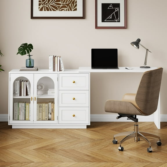 May in Color Makeup Vanity Desk, Extendable Corner Vanity Makeup Table with 3 Drawers & 2 Doors, Modern Dressing Table for Bedroom, White Makeup Vanity Without Mirror