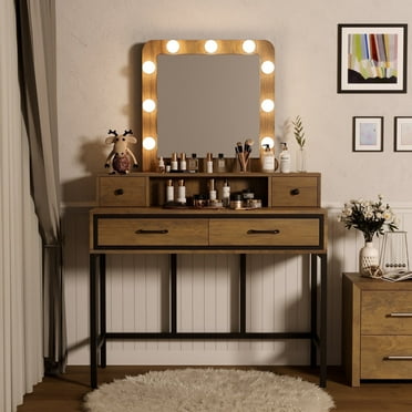 RoyalCraft Makeup Vanity Table with 3 Color Dimmable Lighted Hollywood Mirror, Makeup Vanity with 4 Drawers , Brown