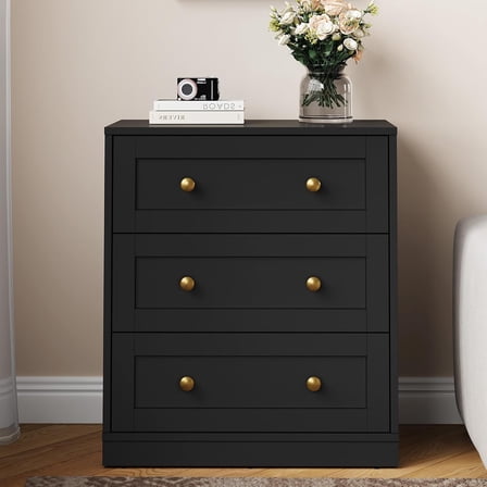 RoyalCraft Modern 3 Drawer Dresser, Black Nightstand for Bedroom, Small Chest of Drawers, End Table with Storage, Wood Beside Table for Living Room, Home Office, Entryway