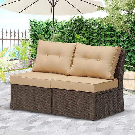 RoyalCraft Modular Collections Patio Armless Sofa Chair, Outdoor Brown Rattan Loveseat Middle Sofa Chair Set with Seat and Back Cushions, Aluminum Frame