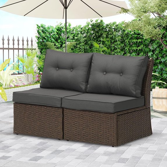 RoyalCraft Modular Collections Patio Armless Sofa Chair, Outdoor Brown Rattan Middle Sofa Chair Set with Seat and Back Cushions, Aluminum Frame