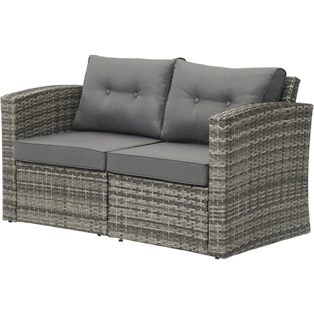RoyalCraft Modular Collections Patio Loveseat, Grey Outdoor Rattan Corner Sofa Chair Set with Seat and Back Cushions, Aluminum Frame