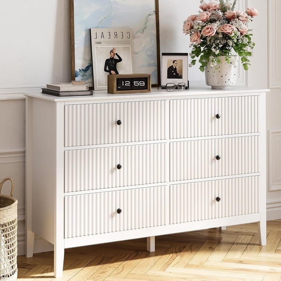 May in Color Morden Vertical Stripes 6-Drawer Dresser, White Painted Wide Sideboard, Wooden Storage Cabinet for Bedroom, Living Room