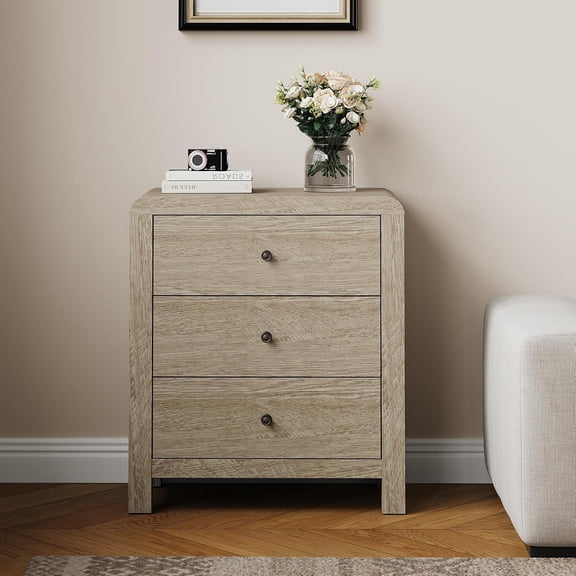 RoyalCraft Nightstand with 3 Drawers Storage, Wood Bedside Table with Rounded Corner Design, Modern End Table for Bedroom and Living Room, Natural Wood