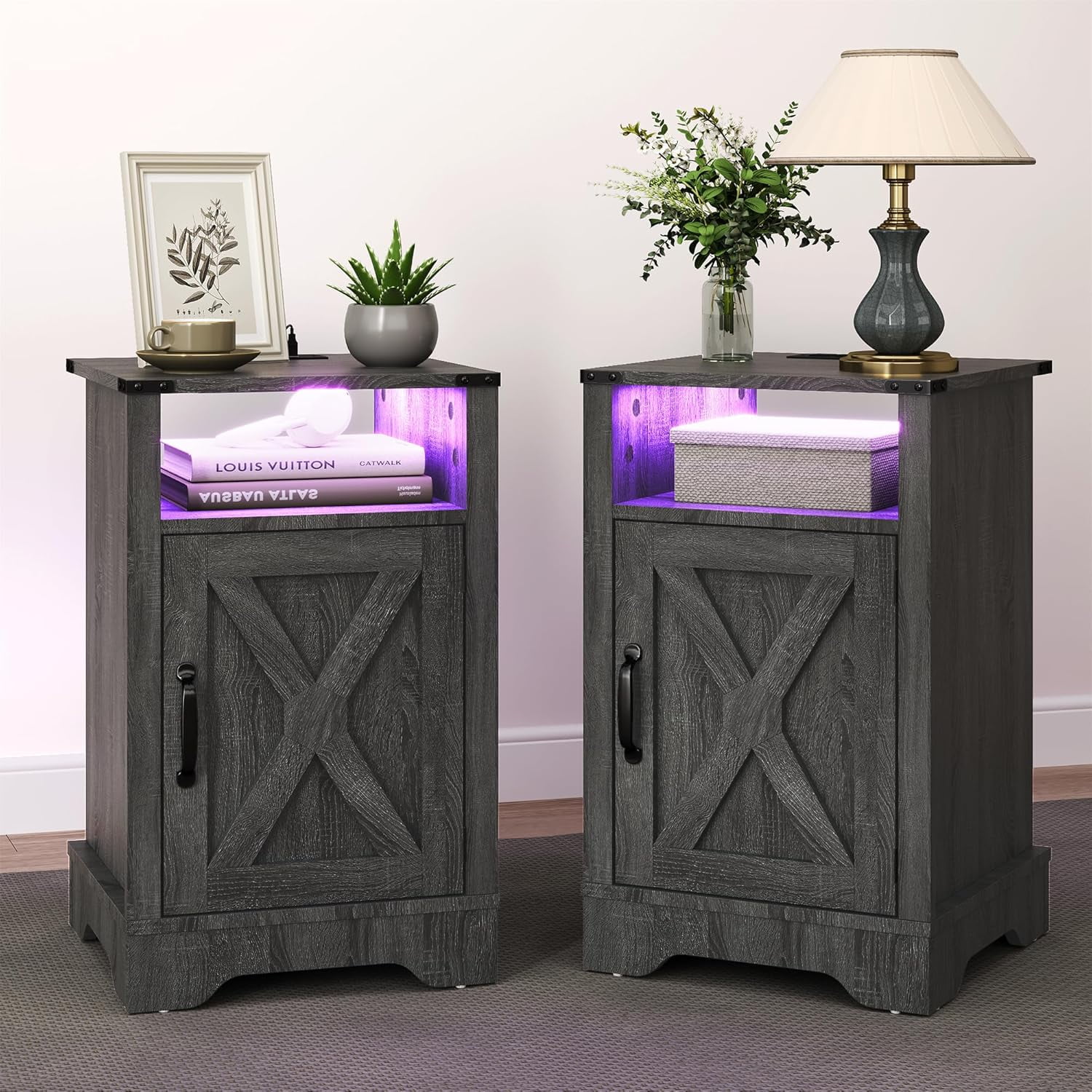 RoyalCraft Nightstand Set of 2, Grey End Table with Charging Station