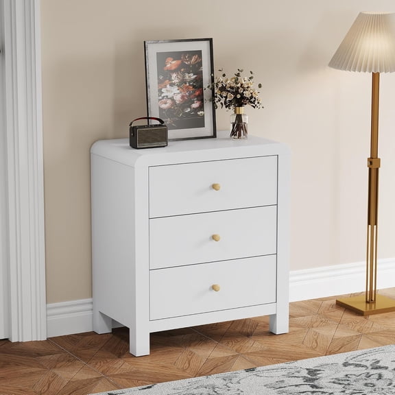 RoyalCraft Nightstand with 3 Drawers Storage, Wood Bedside Table with Rounded Corner Design, Modern End Table for Bedroom and Living Room, White
