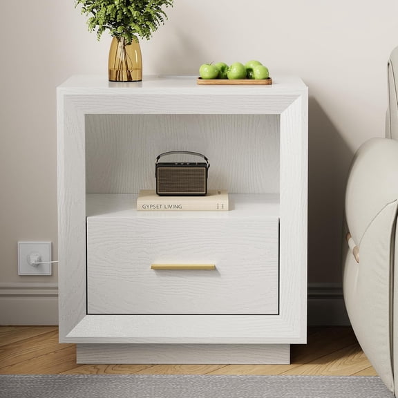 RoyalCraft Nightstand with Charging Station: Bedside Table with Spacious Drawer, 2 Outlets USB Type-C, Drawer Storage Cabinet for Bedroom Dorm, White