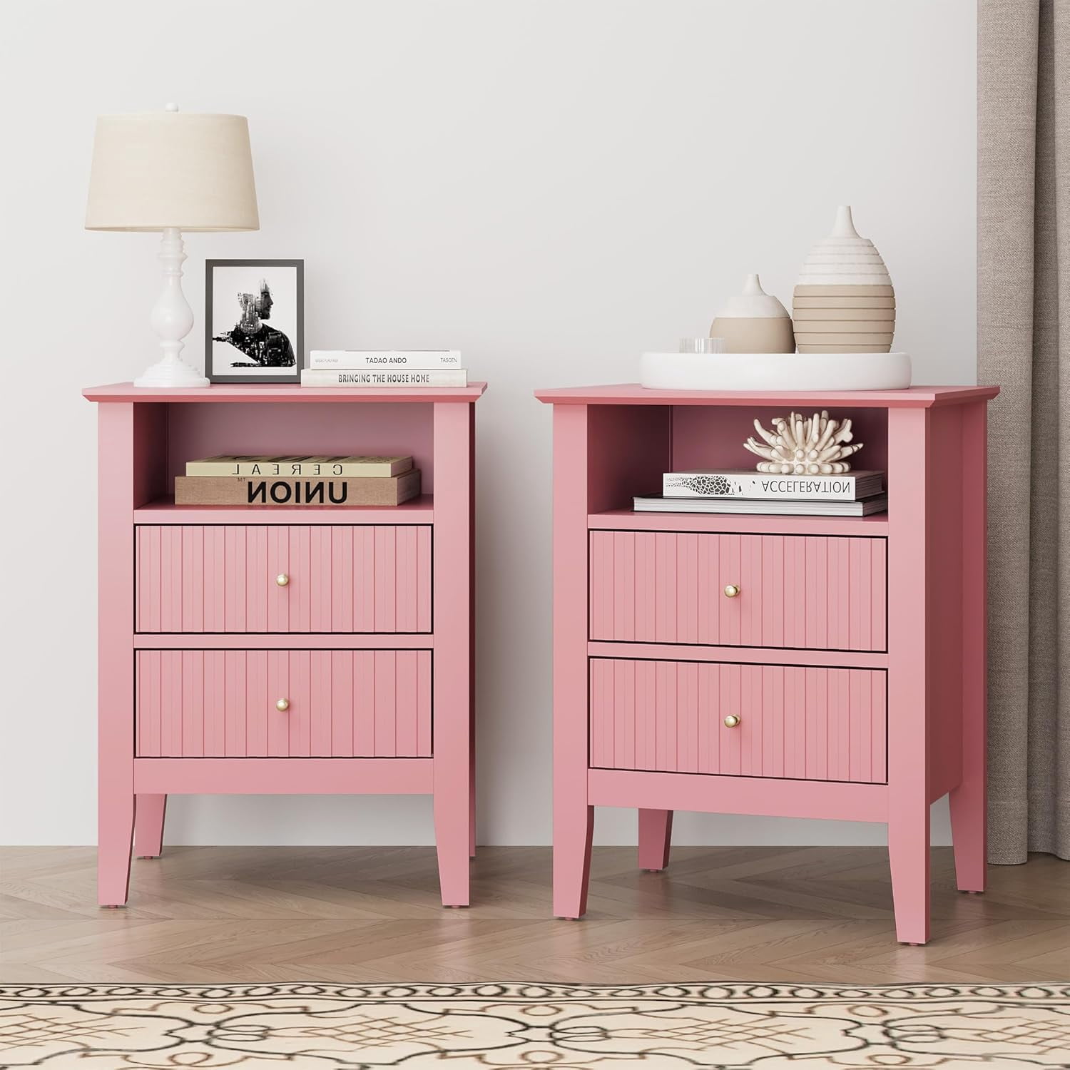 RoyalCraft Pink Fluted Nightstand Set of 2, Colorful Nightstand with 2 ...