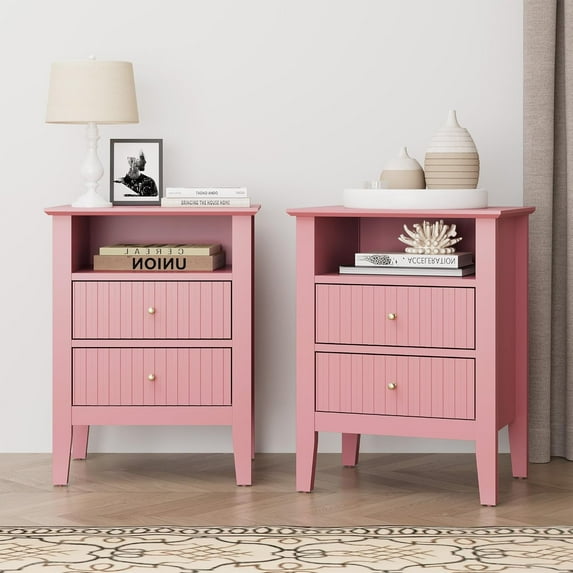 RoyalCraft Pink Fluted Nightstand Set of 2, Colorful Nightstand with 2 Drawers, Modern Wooden End Table with Storage for Small Spaces, Side Table for Bedroom, Couch, Home Office