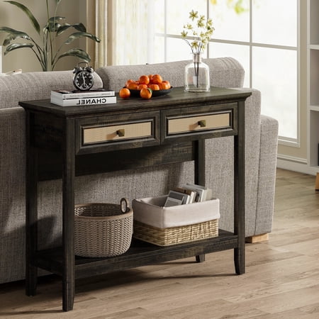 May in Color Rattan Console Table, Boho Entryway Table with 2 Drawers and Storage Shelf, for Living Room, Entryway, Front Hall, Hallway, Coffee