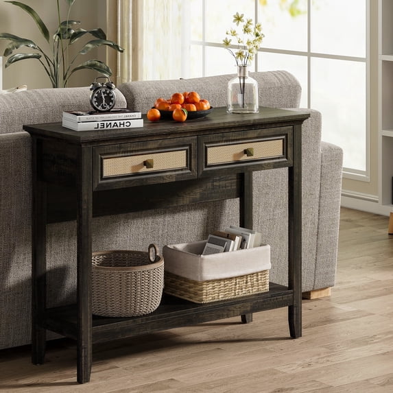May in Color Rattan Console Table, Boho Entryway Table with 2 Drawers and Storage Shelf, for Living Room, Entryway, Front Hall, Hallway, Coffee