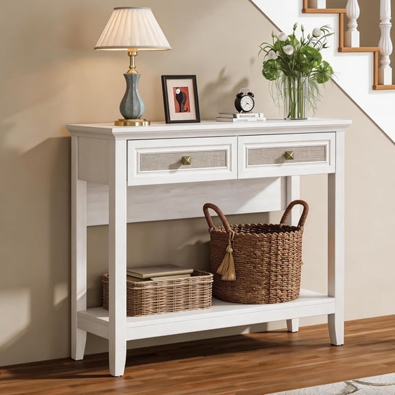 RoyalCraft Rattan Console Table with Drawers, Small Wood Entryway Table with Storage, Boho Narrow Long Sofa Table for Living Room, Hallway, Grayish White