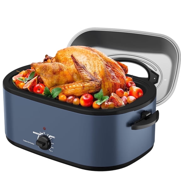 Sunvivi 28Qt Electric Roaster Oven with Visible Self-Basting Lid, Removable Pan & Rack, Temp Control, Stainless Steel Blue